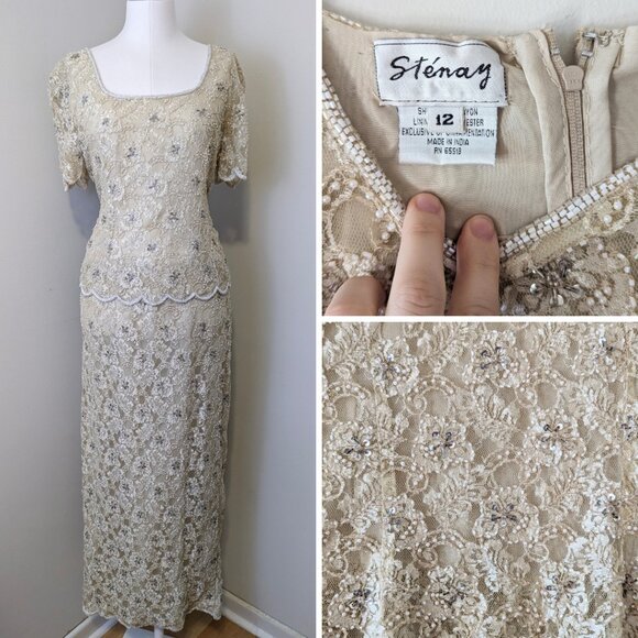 80s Beige Beaded Prom Dress Peplum Dress Floral Lace Formal Gown Vintage Dress - Picture 1 of 14